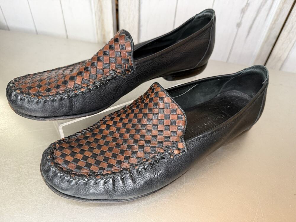 Cole Haan Woven Black Brown Leather Loafers Slip On Shoes Vintage Size 8.5